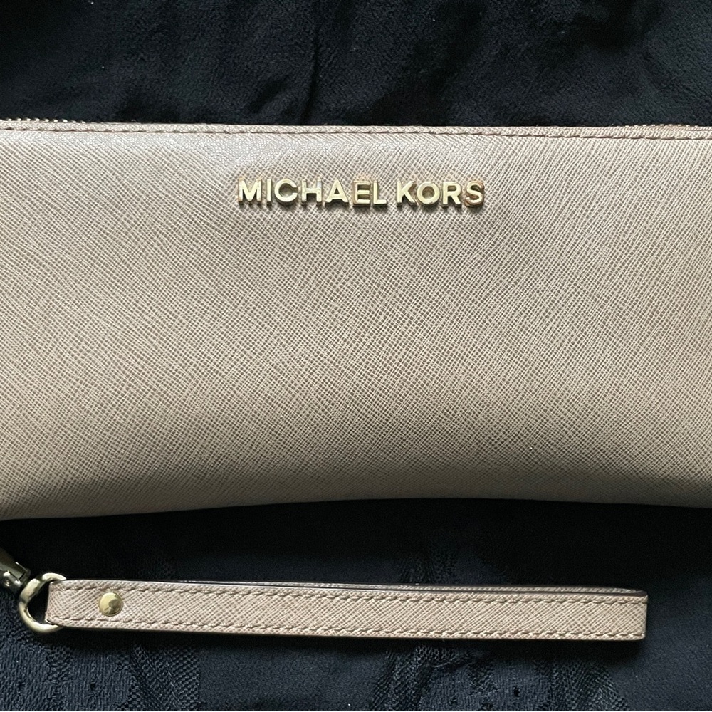Michael Kors Taupe Wristlet wallet with Gold Accents